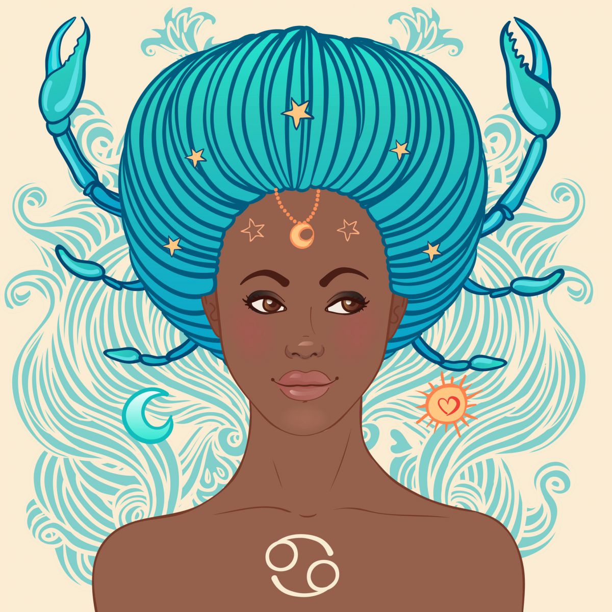 Desenho de mulher com o símbolo do signo de câncer em seu peito, seu cabelo é azul e está com um formato oval amarrado para dentro em um coque. De seu cabelo, estão saindo patas de carangueijo.