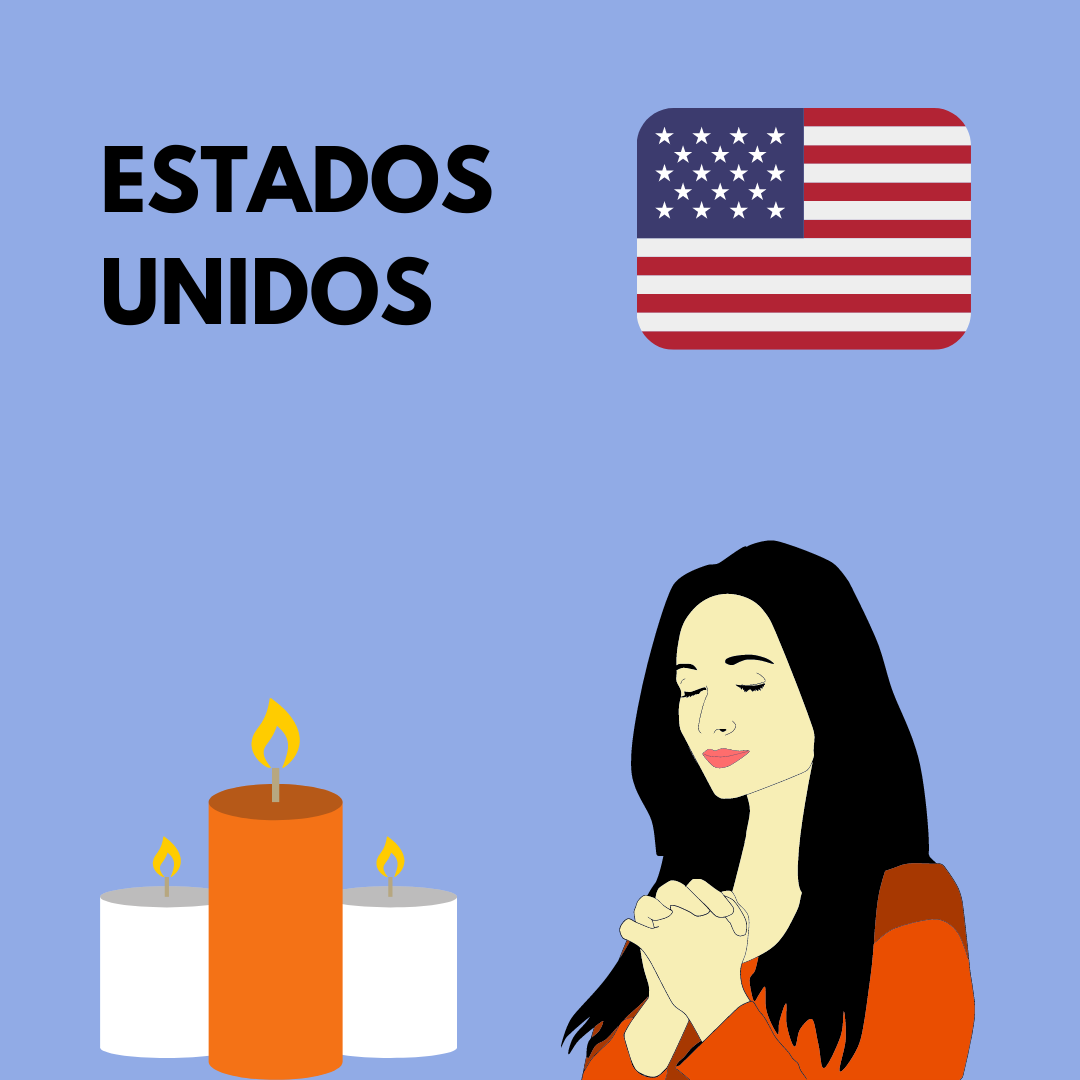 Imagem representando os Estados Unidos uma ilustração rezando, velas e a bandeira do país