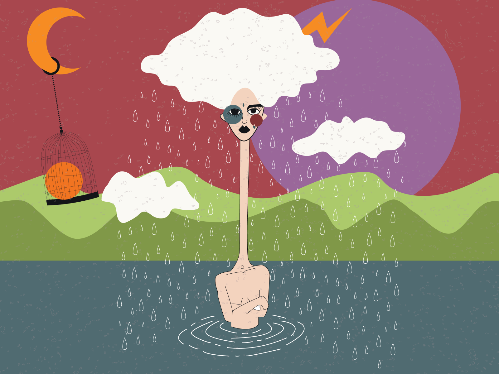 Ilustração de uma pessoa irritada com uma nuvem de chuva acima de sua cabeça.