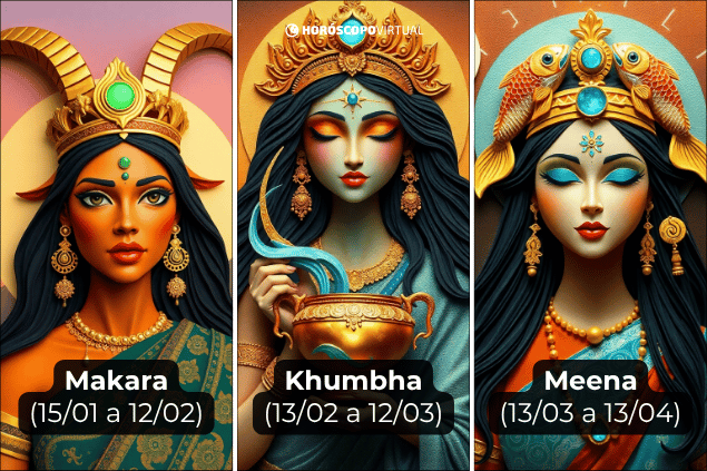 Montagem com os signos védicos de Makara, Khumbha e Meena.