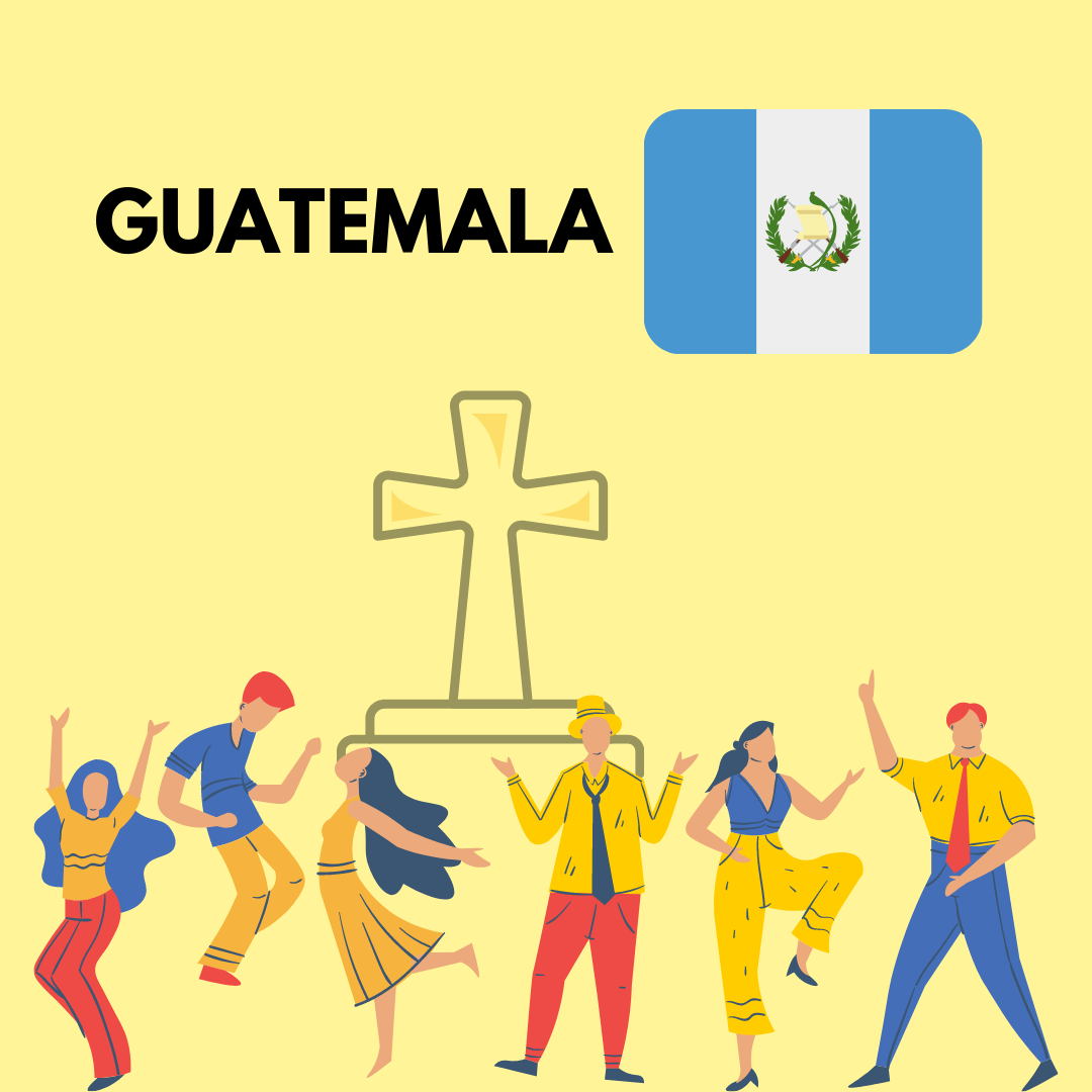 Imagem representando o Guatemala com ilustrações de pessoas dançando e a bandeira do país