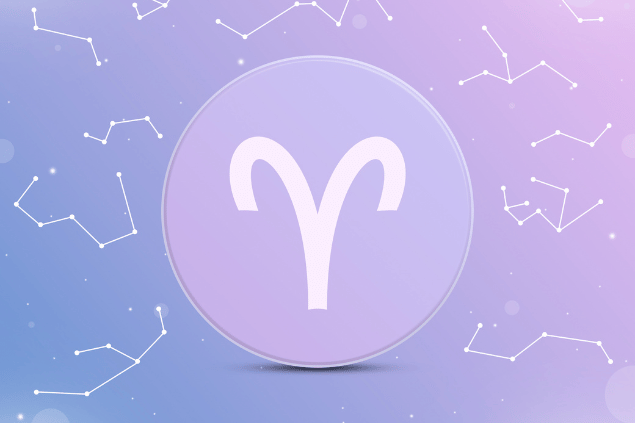 Símbolo de Áries em destaque sobre fundo com constelações estilizadas.