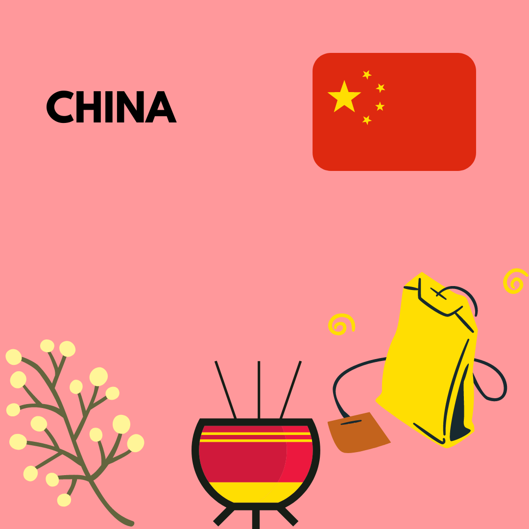 Imagem representando o China com objetos da cultura chinesa e a bandeira do país
