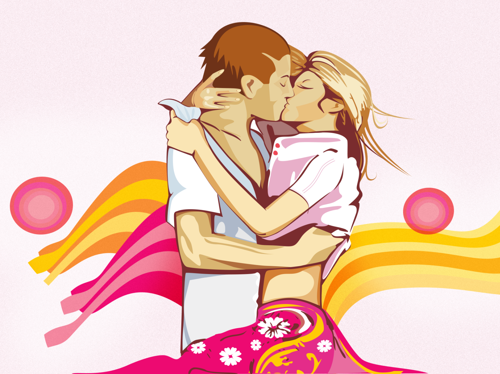 Ilustração de um homem e uma mulher em pé se beijando.