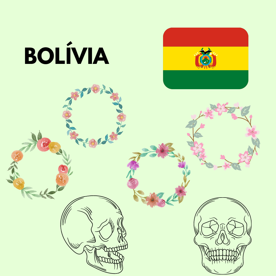 Imagem representando a Bolívia com caveiras, coroas de flores e a bandeira do país