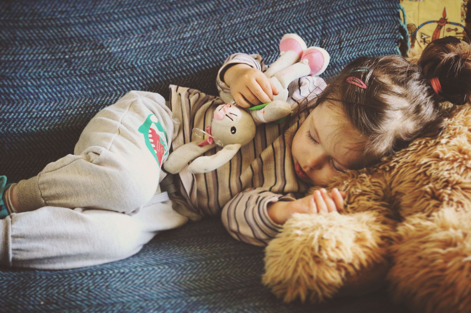 Criança dormindo no sofá segurando ursinho de pelúcia