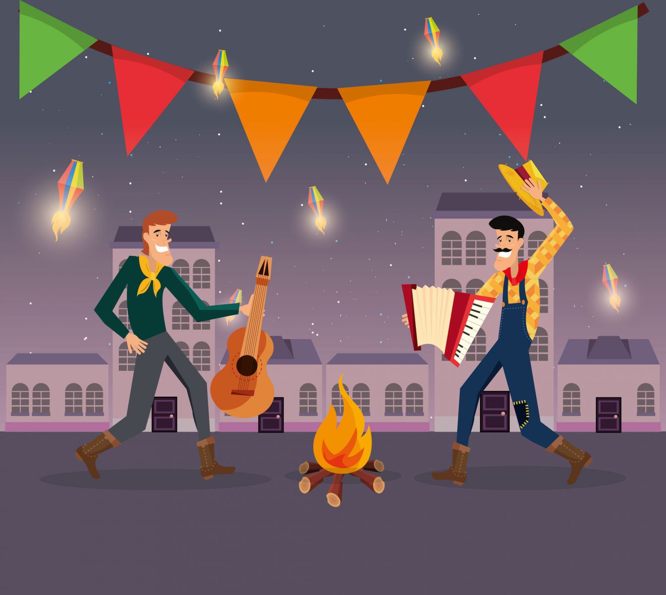 Desenho de dois homens, com trajes típicos de festa junina, ao lado de uma fogueira. Um homem toca um violão, e o outro toca uma sanfona.