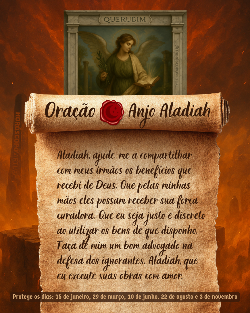 HORÓSCOPO ViRTUaL / Canva Imagem vertical, com fundo em tons de laranja e marrom. Na parte superior, há um quadro representando um anjo. Um pergaminho antigo ocupa a maior parte da imagem e apresenta o título “Oração Anjo Aladiah” e a oração: