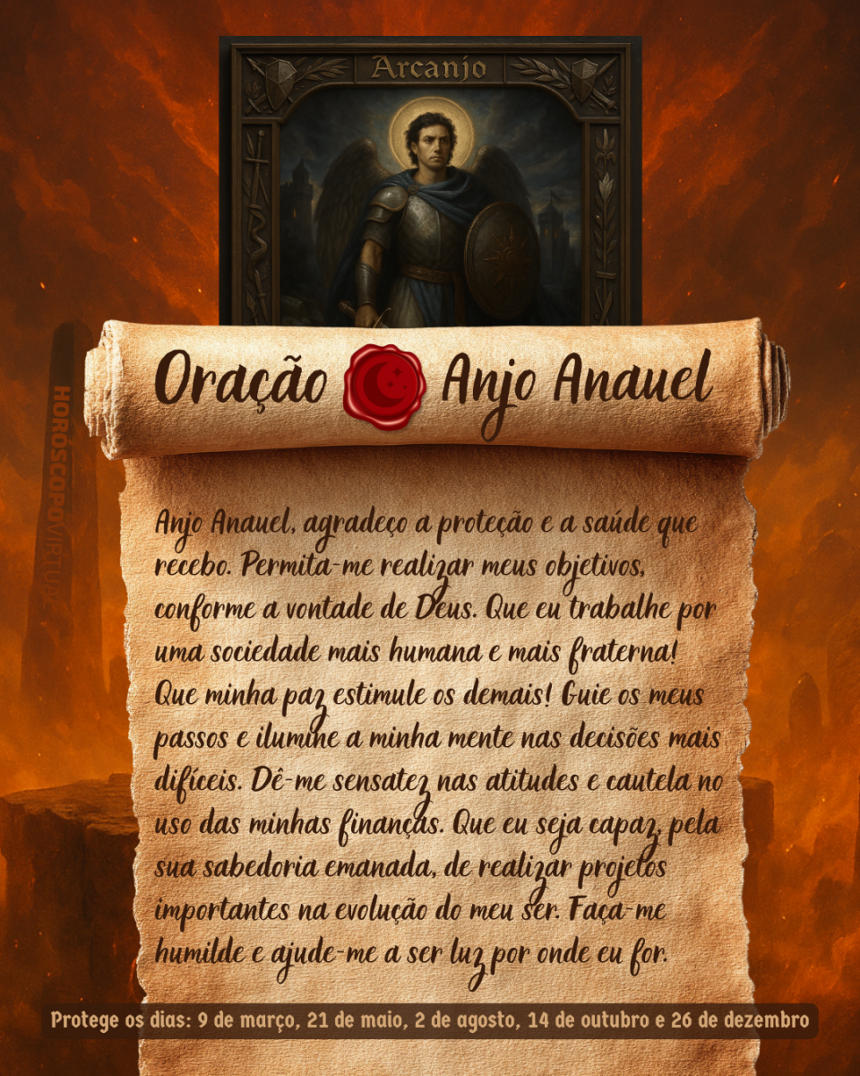 HORÓSCOPO ViRTUaL / Canva Imagem vertical, com fundo em tons de laranja e marrom. Na parte superior, há um quadro representando um anjo. Um pergaminho antigo ocupa a maior parte da imagem e apresenta o título “Oração Anjo Anauel” e a oração:
