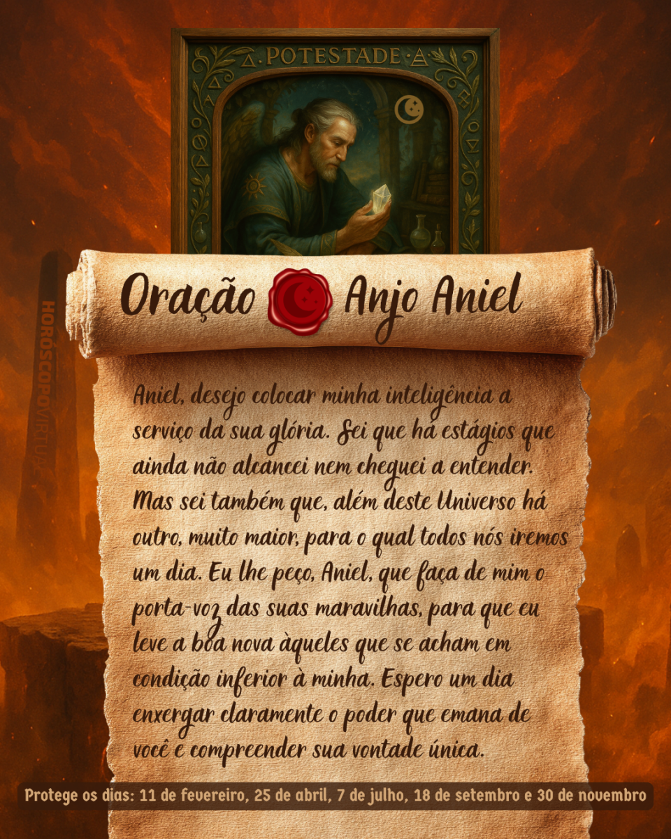 Imagem vertical, com fundo em tons de laranja e marrom. Na parte superior, há um quadro representando um anjo. Um pergaminho antigo ocupa a maior parte da imagem e apresenta o título “Oração Anjo Aniel” e a oração: 