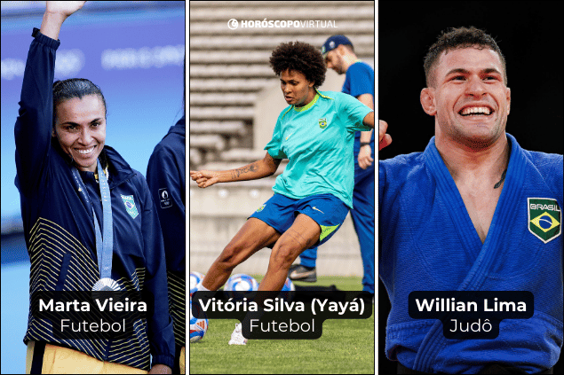 Montagem com os atletas olímpicos: Marta Vieira, Vitória Silva (Yayá) e Willian Lima.
