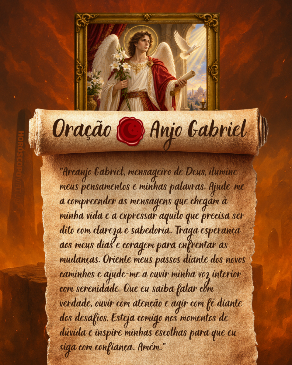 HORÓSCOPO ViRTUaL / Canva Imagem vertical, com fundo em tons de laranja e marrom. Na parte superior, há um quadro representando um anjo. Um pergaminho antigo ocupa a maior parte da imagem e apresenta o título “Oração Anjo Gabriel” e a oração: