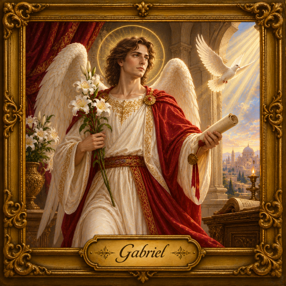 HORÓSCOPO ViRTUaL Arcanjo Gabriel com manto vermelho, túnica branca, asas brancas e cabelos castanhos, segurando lírios e um pergaminho em um cenário celestial com moldura dourada barroca.