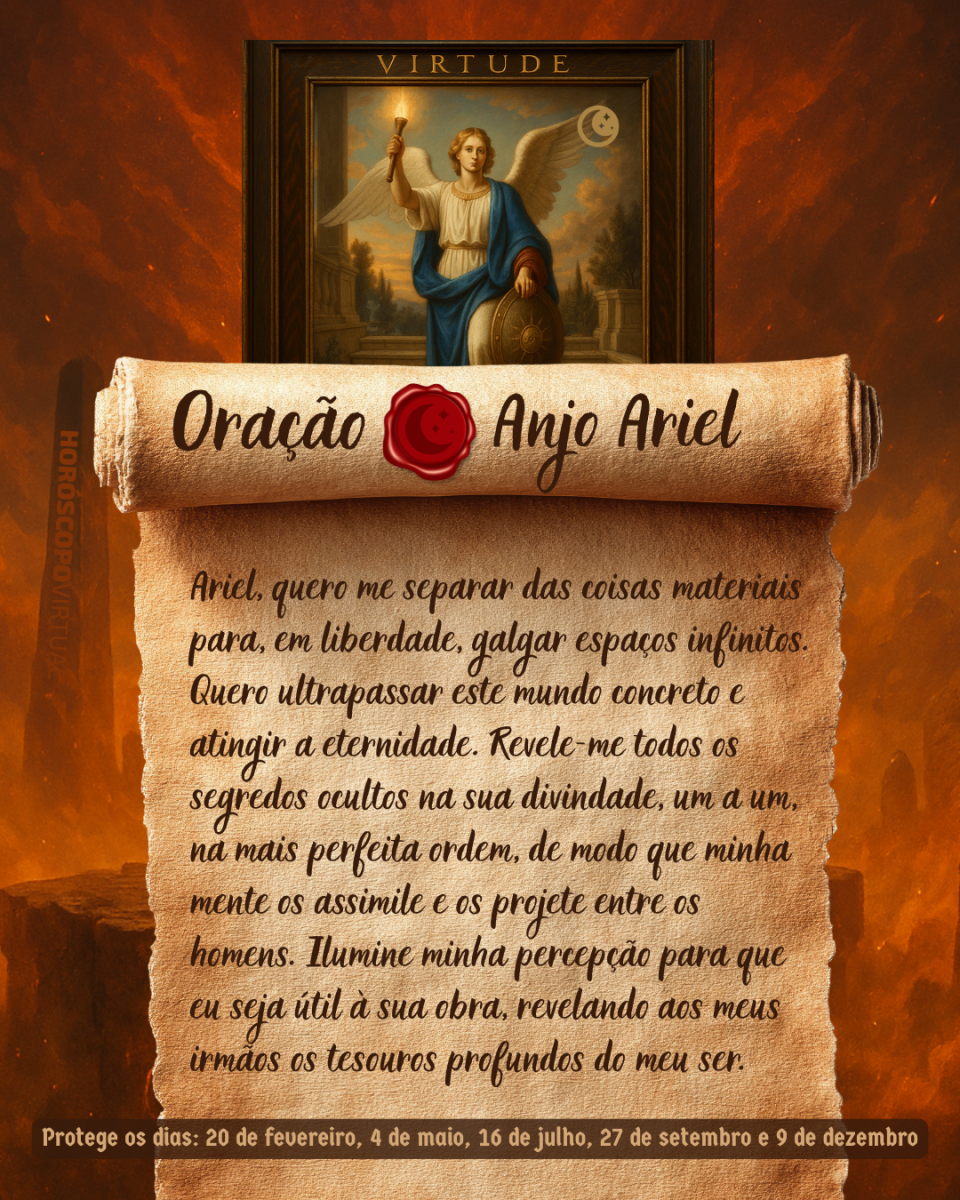 HORÓSCOPO ViRTUaL / Canva Imagem vertical, com fundo em tons de laranja e marrom. Na parte superior, há um quadro representando um anjo. Um pergaminho antigo ocupa a maior parte da imagem e apresenta o título “Oração Anjo Ariel” e a oração: