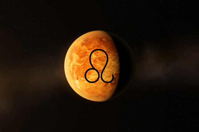 Planeta Vênus no meio do universo com o símbolo do signo de Leão