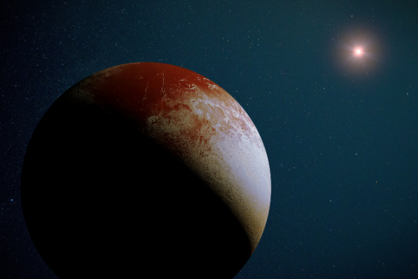 Planeta Plutão em meio às estrelas e na direção do Sol