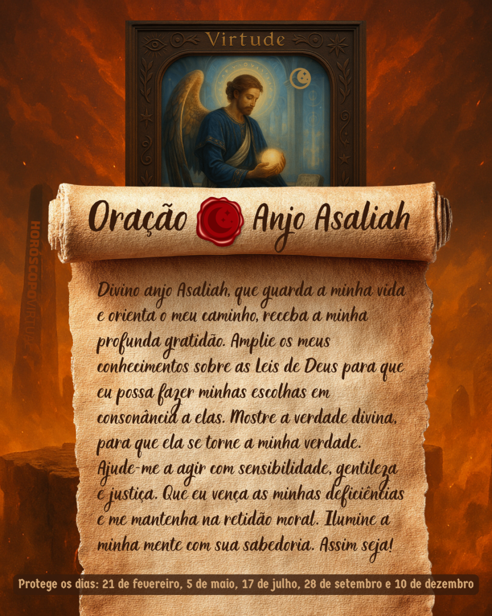 HORÓSCOPO ViRTUaL / Canva Imagem vertical, com fundo em tons de laranja e marrom. Na parte superior, há um quadro representando um anjo. Um pergaminho antigo ocupa a maior parte da imagem e apresenta o título “Oração Anjo Asaliah” e a oração: