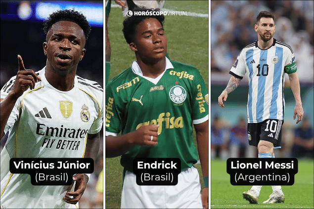 Montagem com os jogadores: (1) Vinícius Júnior, (2) Endrick (3) Lionel Messi.