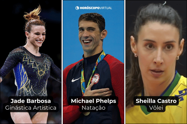Montagem com os atletas olímpicos: Jade Barbosa, Michael Phelps e Sheilla Castro.
