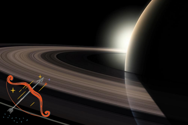 Planeta Saturno com ilustração do símbolo do signo de Sagitário