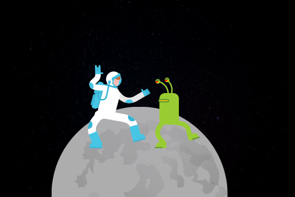 Ilustração de pessoa com um óvni em uma Lua