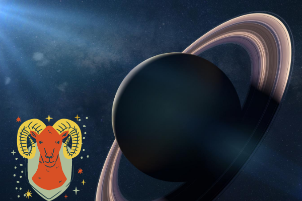 Ilustração do planeta Saturno com o símbolo do signo de Áries