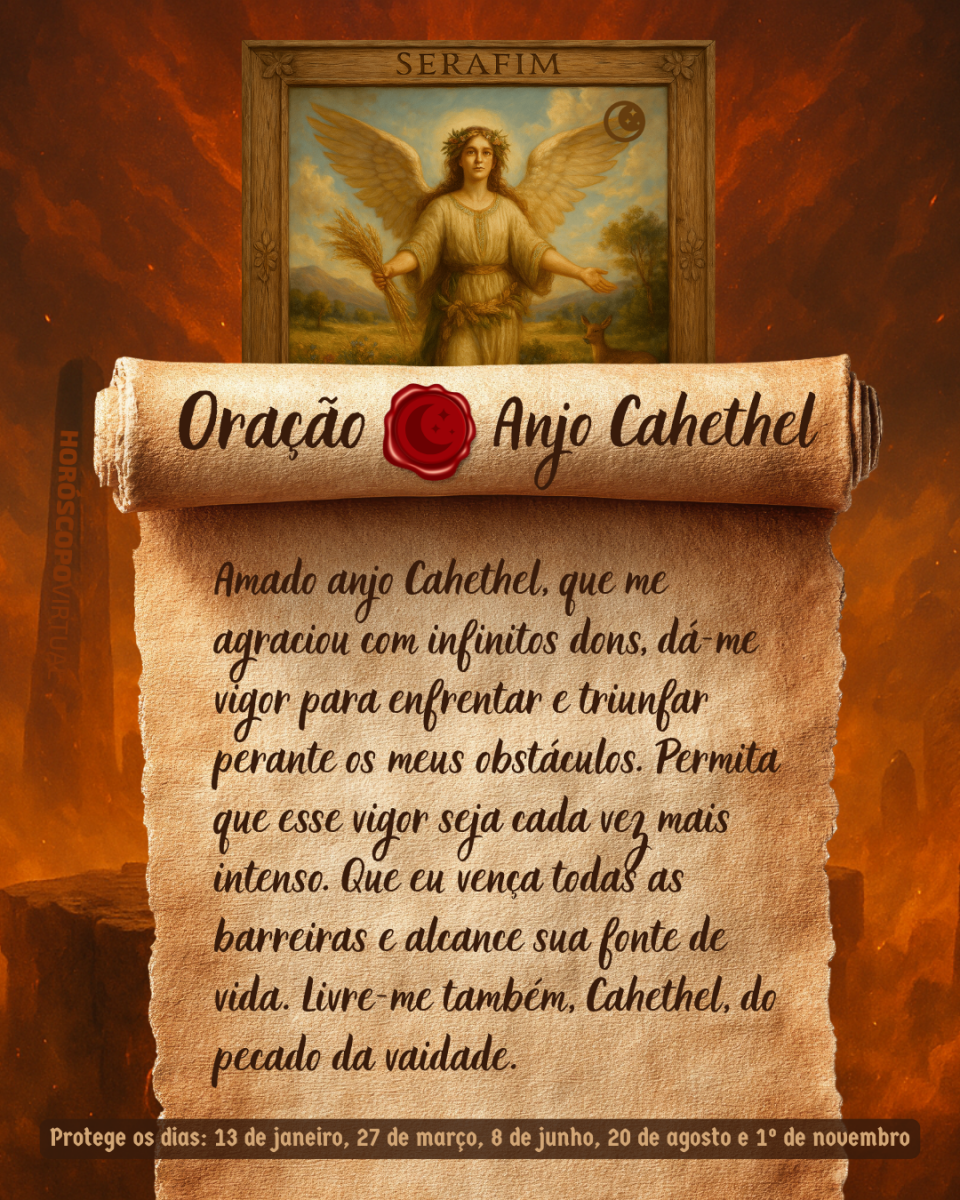 Imagem vertical, com fundo em tons de laranja e marrom. Na parte superior, há um quadro representando um anjo. Um pergaminho antigo ocupa a maior parte da imagem e apresenta o título “Oração Anjo Cahethel” e a oração: 