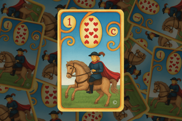 Montagem com a carta O Cavaleiro do Baralho Cigano na posição normal em destaque. Ao fundo, há várias cartas de O Cavaleiro espalhadas umas em cima das outras.
