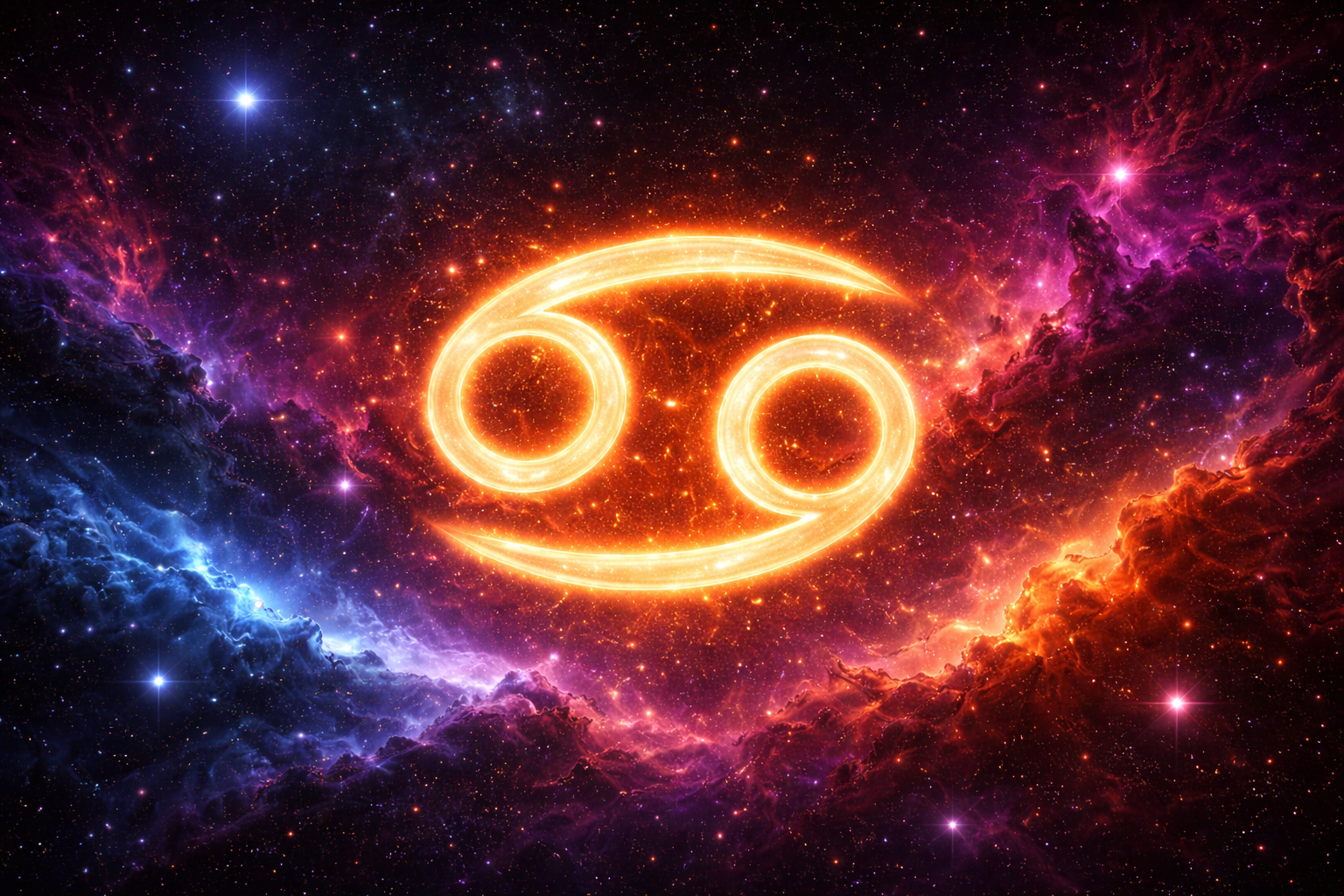 Símbolo de Câncer brilhante em dourado, centralizado sobre um fundo cósmico com nebulosas coloridas em tons de roxo, azul e vermelho e várias estrelas ao redor.