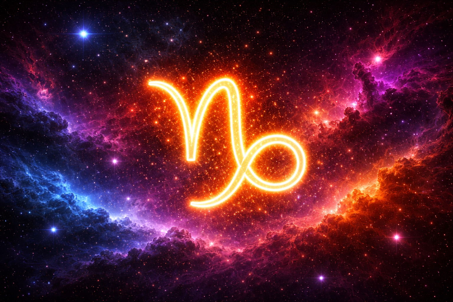 Símbolo de Capricórnio brilhante em dourado, centralizado sobre um fundo cósmico com nebulosas coloridas em tons de roxo, azul e vermelho e várias estrelas ao redor.