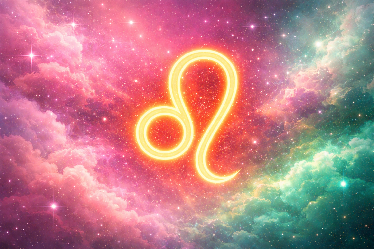 Símbolo de Leão brilhante em dourado, centralizado, com linhas onduladas sobre um fundo cósmico em tons de rosa e verde, cheio de estrelas e nuvens coloridas.