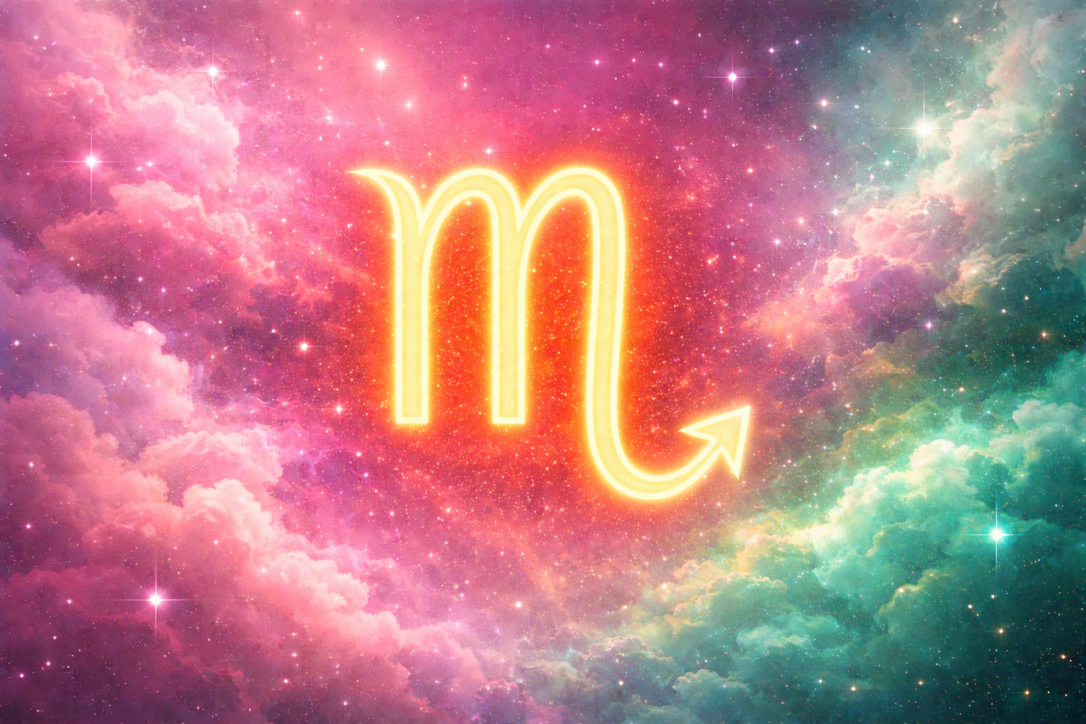 Símbolo de Escorpião brilhante em dourado, centralizado, com linhas onduladas sobre um fundo cósmico em tons de rosa e verde, cheio de estrelas e nuvens coloridas.