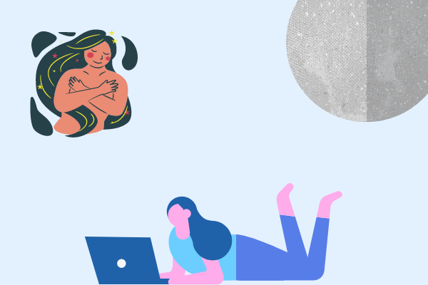 Ilustração de signo de virgem, planeta mercúrio e mulher mexendo no notebook