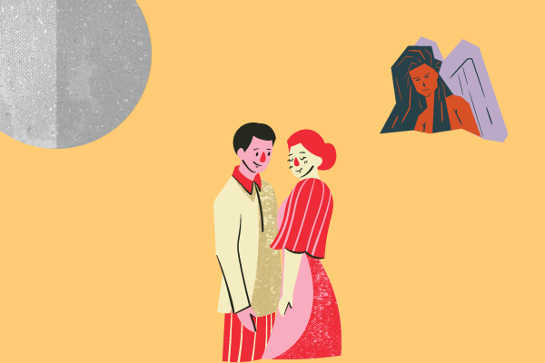 Ilustração de casal abraçado com planeta mercúrio e signo de virgem