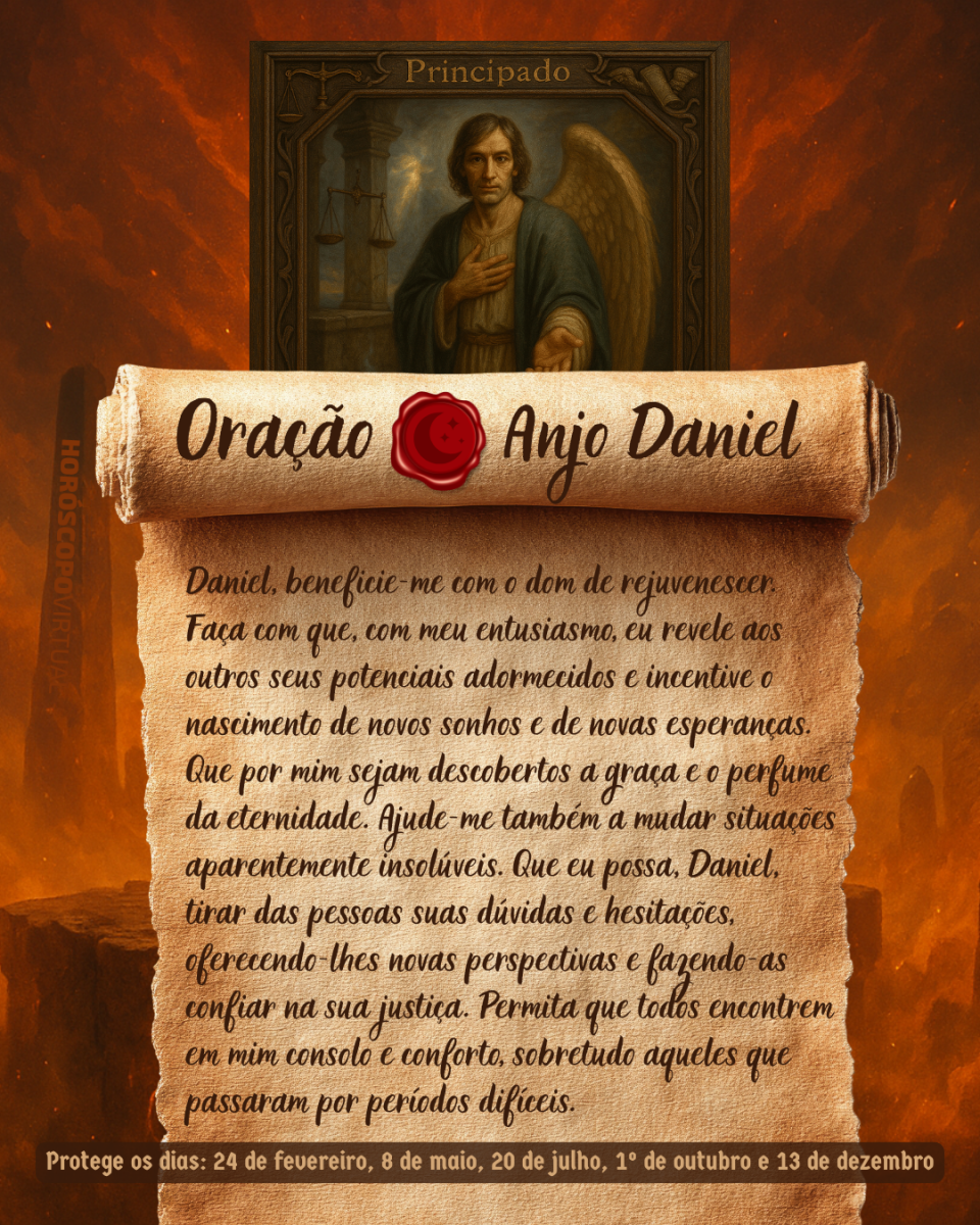HORÓSCOPO ViRTUaL / Canva Imagem vertical, com fundo em tons de laranja e marrom. Na parte superior, há um quadro representando um anjo. Um pergaminho antigo ocupa a maior parte da imagem e apresenta o título “Oração Anjo Daniel” e a oração: