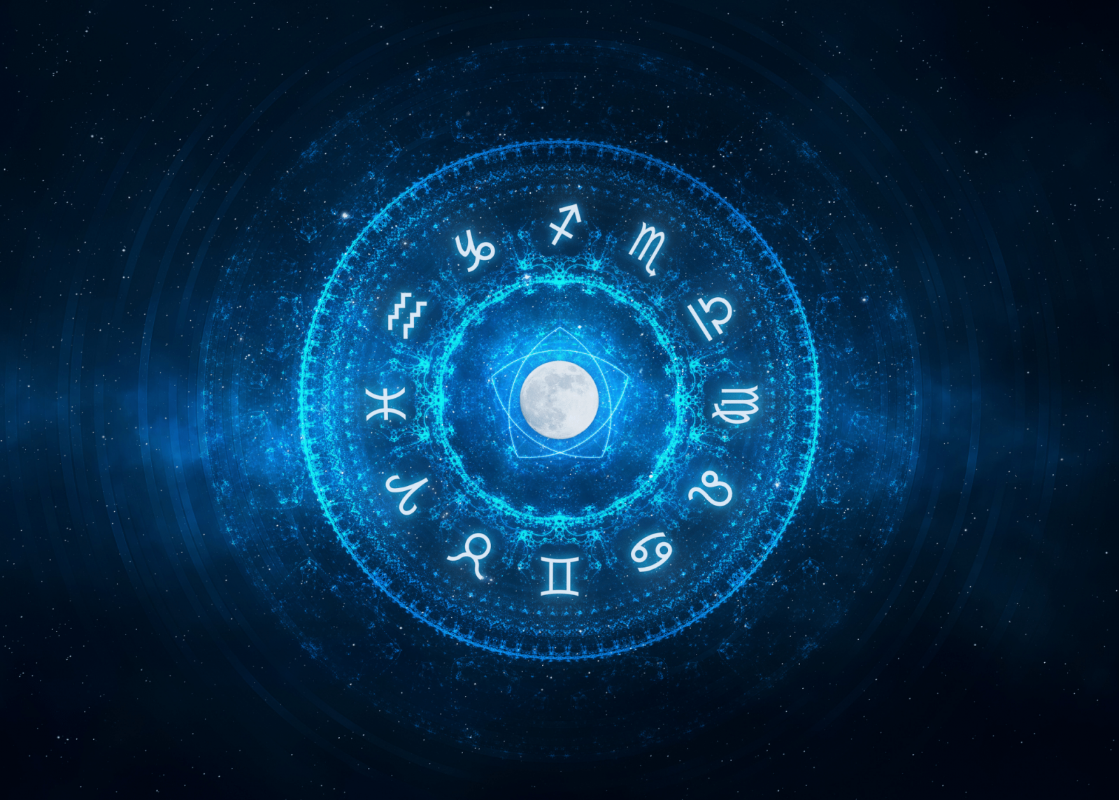 Símbolos do horóscopo em azul.