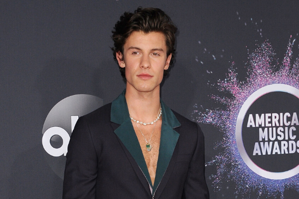 123RF/ buzzfuss Shawn Mendes olhando para o lado em premiação de música usando blazer