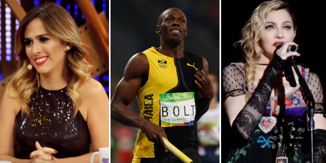 Imagem com três personalidades leoninas: Tatá Werneck, Usain Bolt e Madonna