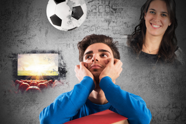 Alphaspirit / Getty Images / Canva Homem distraído apoiando os cotovelos em uma pilha de livros