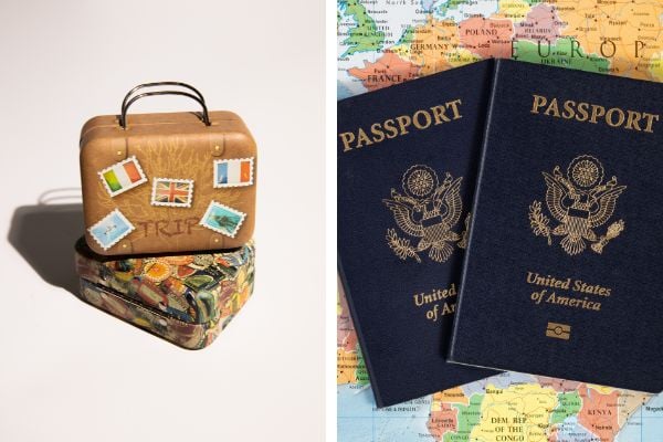 Imagem em gride de uma mala e passaporte