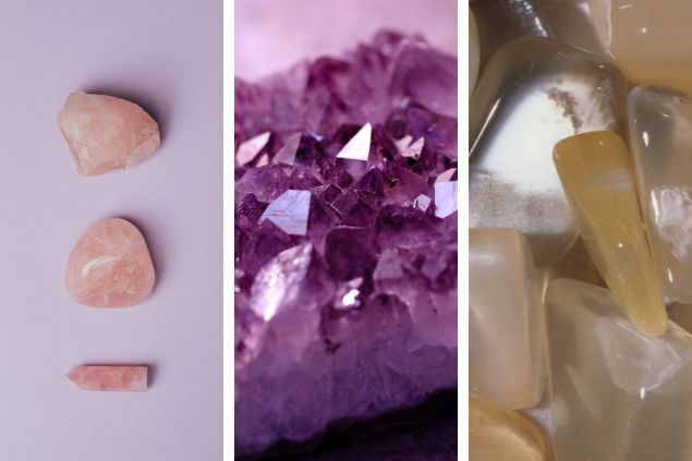 Karolina Grabowska / Pexels / Morgenstjerne / Michel Viard / Getty Images / Canva Imagem em gride com quartzo rosa, ametista e selenita