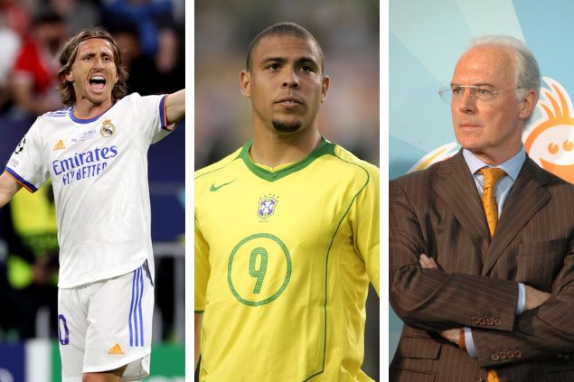 Maxisport / 360b / ph.FAB / Shutterstock.com / Imagem em gride com os jogadores Luka Modric, Ronaldo e Franz Beckenbauer