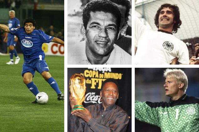Emipress - Shutterstock / Keystone France - Getty Images / Picture alliance - Focus Features / A.RICARDO - Shutterstock.com / Shaun Botterill - Allsport Imagem em gride de Diego Maradona, Garrincha, Gerd Muller, Pelé e Peter Schmeichel