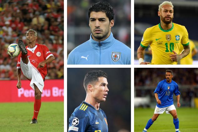 A.PAES - Shutterstock.com / Wikimedia Commons - Ailura / A.RICARDO - Shutterstock.com / Saolab Press - Shutterstock.com / ph.FAB - Shutterstock.com Imagem em gride de Romário, Luis Suárez, Neymar Jr., Cristiano Ronaldo e Roberto Baggio