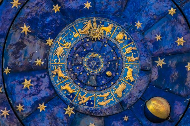 Imagem de um zodíaco azul com os signos dourados