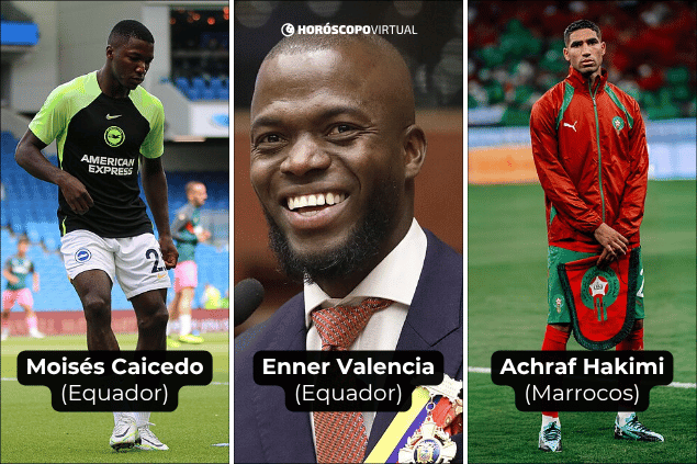 Montagem com os jogadores: (1) Moisés Caicedo (2) Enner Valencia (3) Achraf Hakimi.