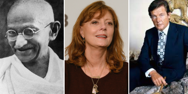 Imagem com três famosos librianos: Roger Moore, Susan Sarandon e Gandhi