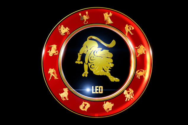 Ilustração circular com o signo de Leão no centro e os demais símbolos do zodíaco ao redor, em tons de vermelho e dourado.