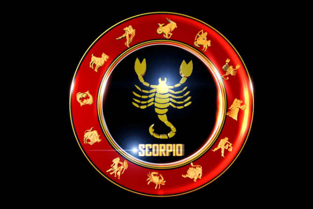 Ilustração circular com o signo de Escorpião no centro e os demais símbolos do zodíaco ao redor, em tons de vermelho e dourado.