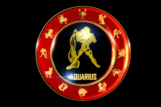 Ilustração circular com o signo de Aquário no centro e os demais símbolos do zodíaco ao redor, em tons de vermelho e dourado.